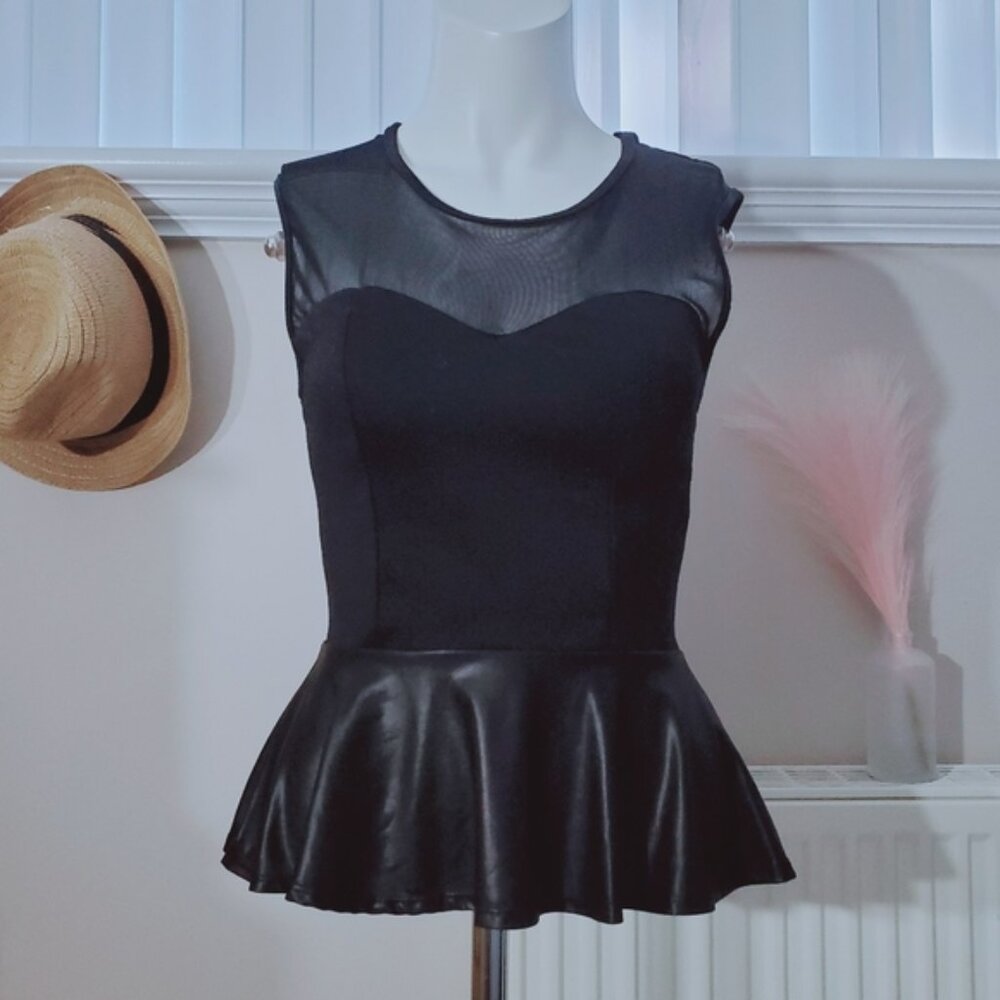 A'gaci Peplum Faux Leather Sweetheart Sheer top- Size Small